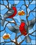 Stained glass illustration with a pair of birds bullfinches on snow-covered mountain ash branches with berries on a background of