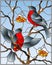 Stained glass illustration with a pair of birds bullfinches on snow-covered mountain ash branches with berries on a background of