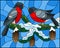 Stained glass illustration with a pair of birds bullfinches on snow-covered spruce branches with cones on a background of the sky