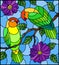 Stained glass illustration with pair of birds parrots lovebirds on branch tree with purple flowers against the sky