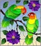 Stained glass illustration with pair of birds parrots lovebirds on branch tree with purple flowers against the sky
