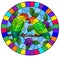 Stained glass illustration with pair of birds parrots lovebirds on branch tree with purple flowers against the sky, oval image