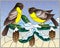 Stained glass illustration with a pair of birds titmouses on snow-covered spruce branches with cones on a background of the sky