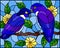 Stained glass illustration with pair of blue birds parrots on branch tree with yellow flowers against the sky