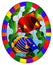 Stained glass illustration with a pair bright fishes on the background of water and algae,oval picture in a bright frame