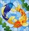 Stained glass illustration with a pair of carps on the background of water and algae