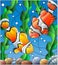 Stained glass illustration with a pair of clown fish on the background of water and algae