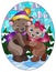 Stained glass illustration with a pair of cute cartoon  bears against a winter landscape, oval image