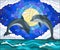 Stained glass illustration with a pair of dolphins on the background of water ,cloud, starry sky and moon