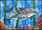 Stained glass illustration with a pair of dolphins on the background of water and the seabed