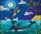 Stained glass illustration with a pair of dolphins on the background of water ,tarry cloud, sky ,moon and Islands with palm trees