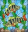 Stained glass illustration with a pair of fish perch on the background of water and algae