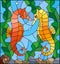 Stained glass illustration with a pair of fish seahorse on the background of water and algae