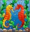 Stained glass illustration with a pair of fish seahorse on the background of water and algae