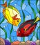 Stained glass illustration with a pair of fish surgeon on the background of water and algae