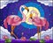 Stained glass illustration with pair of Flamingo , Lotus flowers and reeds on a pond in the moon, starry sky and clouds