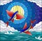 Stained glass illustration with a pair of flying fish on the background of water ,cloud, starry sky and moon