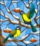 Stained glass illustration with a pair of great Tits birds on the branches
