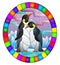 Stained glass illustration with  a pair of penguins on a background of snow, moon and Northern lights, oval image in bright frame