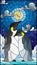 Stained glass illustration with a pair of penguins on a background of snow, starry sky,moon and clouds