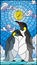 Stained glass illustration with a pair of penguins on a background of snow, sun and clouds