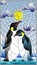 Stained glass illustration with a pair of penguins on a background of snow, sun and clouds