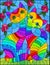 Stained glass illustration with a pair of rainbow cartoon cats against a blue sky and rose flowers