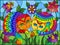 Stained glass illustration with a pair of rainbow cute cats on a background of meadows, bright flowers and sky