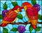 Stained glass illustration with pair of red birds parrots on branch tree with purple flowers against the sky