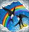 Stained glass illustration with a pair of swallows on the background of sky, sun , clouds and rainbow