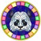 Stained glass illustration with a panda bear`s head , a circular image with bright frame