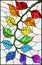 Stained glass illustration plant branch with leaves in bright colors on a light background