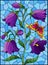Stained glass illustration with purple bell flower and a butterfly on a blue background, rectangular image