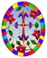 Stained glass illustration with a purple Christian cross in the sky and pink flowers, oval picture in a bright frame