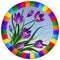 Stained glass illustration with purple flowers Crocuses on a blue background in a bright frame, round image