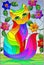 Stained glass illustration  with a   rainbow cute cat on a background of meadows, bright flowers and sky