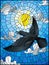 Stained glass illustration raven on the background of sky, sun and clouds