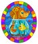 Stained glass illustration with  red abstract cat and goldfish in the aquarium , oval picture frame in bright