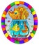 Stained glass illustration with  red abstract cat and goldfish in the aquarium , oval picture frame in bright