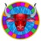 Stained glass illustration with red  bull head in round frame on white background