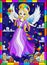 Stained glass illustration on a religious theme, an angel girl in a purple dress hovering over the night city,in a bright frame