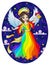 Stained glass illustration with on a religious theme, an angel girl in a purple dress hovering over the night sky, oval image