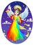 Stained glass illustration  on a religious theme, an angel girl in a purple dress hovering over the night sky, oval image