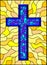 Stained glass illustration on religious themes, stained glass window with a blue Christian cross , on a yellow  background