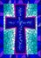 Stained glass illustration on religious themes, stained glass window in the shape of a blue Christian cross , on a blue backgro