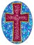 Stained glass illustration on religious themes, stained glass window in the shape of a pink Christian cross , on a blue backgroun