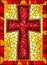 Stained glass illustration on religious themes, stained glass window in the shape of a red Christian cross , on a yellow backgroun