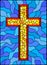 Stained glass illustration on religious themes, stained glass window in the shape of a yellow Christian cross , on a blue  backgro