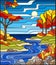 Stained glass illustration with a rocky Creek in the background of the Sunny sky, lake, trees and fields,autumn landscape