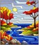 Stained glass illustration with a rocky Creek in the background of the Sunny sky, lake, trees and fields,autumn landscape